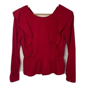 Zara Basic Women’s Red Ruffle Long Sleeve Shirt - Side Zip , V Back Sz XS